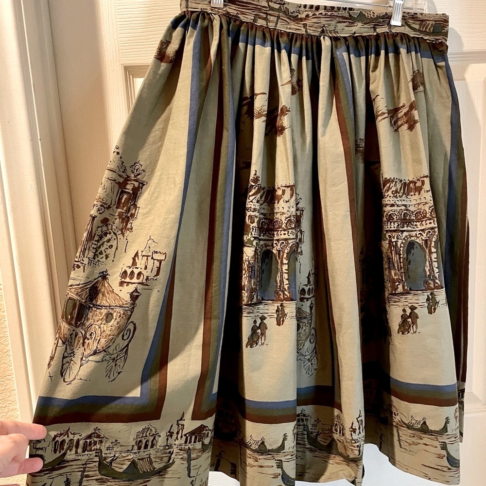 Circle Skirt with Scenic Print in Olive and Brown
